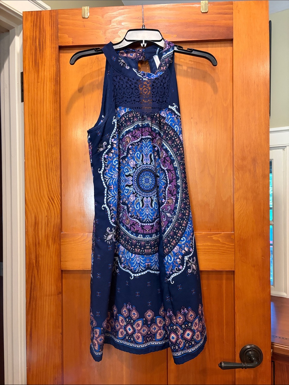 Xhilaration Navy Dress with Purple & Light Blue Medallion Print